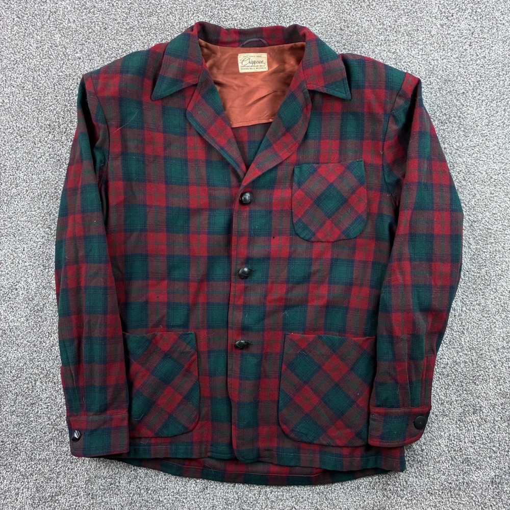 Vintage 60s Chippewa Woolen Mills Shirt Women's Large Red Plaid Wool Button